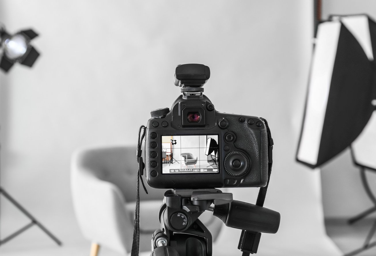 Professional Camera on Tripod in Modern Photo Studio